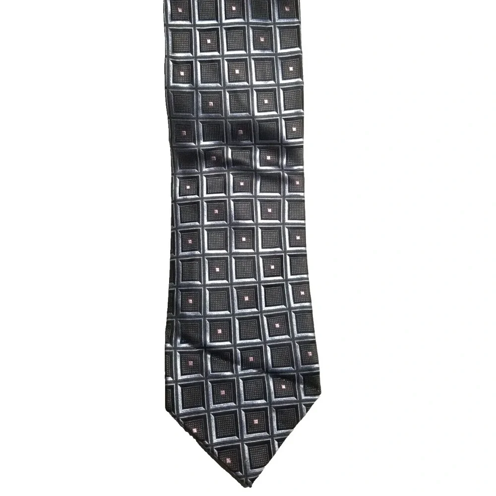 Roberto Villini‎ Couture Black Silver Geometric w/Squares Pointed Silk Tie